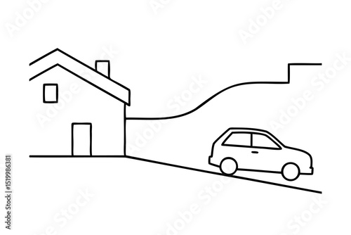 Simple lineart illustration house car hill driveway