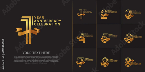Anniversary logo type set with double line number. golden color with gold ribbon for celebration event