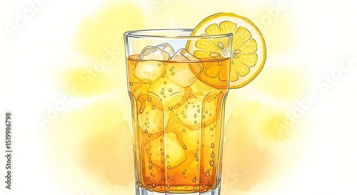 Refreshing Lemon Iced Tea: Bubbles & Ice Cubes in Tall Glass, Adorned with Lemon Slice, Delicate Watercolor on Pale Yellow Background
