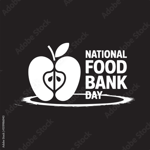 National Food Bank Day Vector Illustration,Food Bank Awareness Design with Apple Icon,Minimal Apple Logo for Food Bank Campaign,Charity Food Donation Concept Vector,Black and White Food Bank Poster