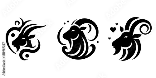 Tribal Goat Head Tattoo Designs – Set of Three Stylized Black Silhouettes