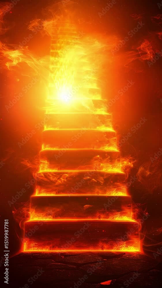 Stairway illuminated by flames leads to a bright light in a dark environment