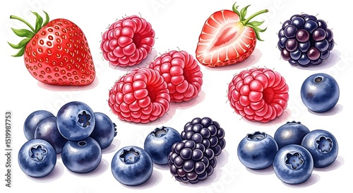 Watercolor Study of Fresh Summer Berries: Strawberries, Raspberries, Blueberries, and Blackberries on White, Showing Detailed Textures in Vivid Colors with Gentle Shadows