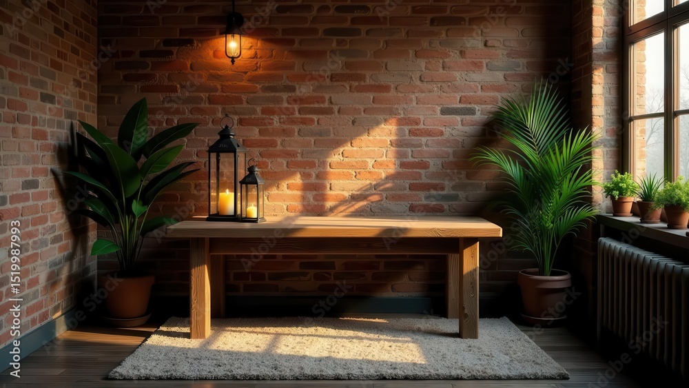 Fototapeta premium Rustic interior design featuring a wooden table, illuminated by candles within decorative lanterns, complemented by lush potted plants against a backdrop of exposed brick