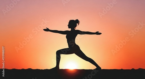 Wallpaper Mural Silhouette Yoga: Woman Doing Warrior II Pose at Sunset, Vibrant Sky, Serene Mood, Health & Wellness Imagery. Torontodigital.ca