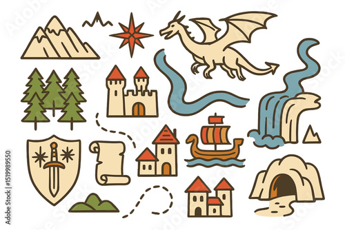 Vector illustrations of medieval fantasy cartography include various map elements and line art symbols
