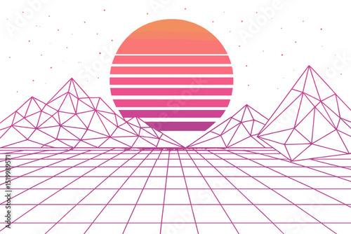The 1980s poster style inspires a vector illustration of Retro Sci-Fi backgrounds with polygonal models, set in a futuristic synth retro wave scene, complete with Ultra Violet accents and a creative