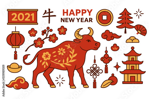 A set of vector illustrations featuring the Ox Zodiac sign, the 2021 symbol in the Chinese calendar, is suitable for decorating cards, web design, and creating Chinese New Year banners