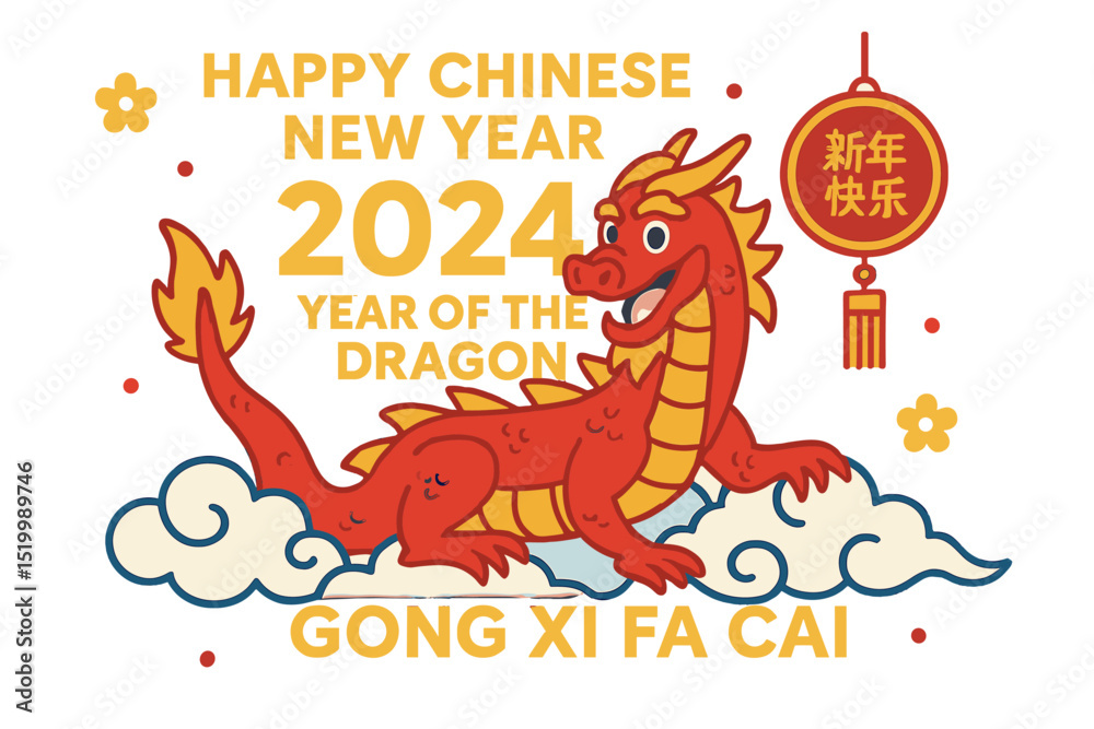 Fototapeta premium The year 2024 marks the Chinese New Year of the Dragon on Cloud Zodiac, accompanied by the traditional greeting Gong Xi Fa Cai, as depicted in a stunning vector illustration background that wishes