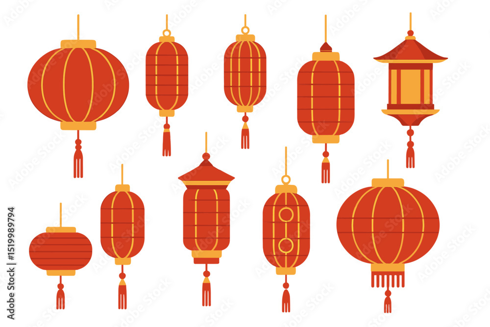 A set of traditional Chinese lanterns and Japanese red lamps for the Asian new year festival in 3d Chinatown with realistic vector elements A set of traditional Chinese lanterns and Japanese red lamps for the Asian new year festival in 3d Chinatown with realistic vector elements