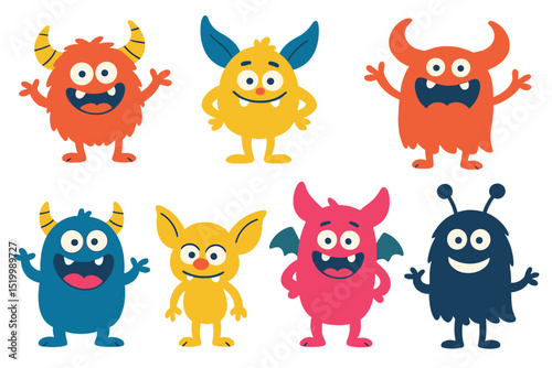 Vector illustration of a funny monster cartoon character set, including colorful abstract aliens, cute trolls, goblins, comic gremlins, and smiling animals, ideal for Halloween party and scary