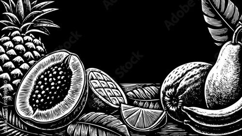 A black and white sketch vector of tropical fruits: pineapple, mango, papaya, banana, drawn with elegant botanical style