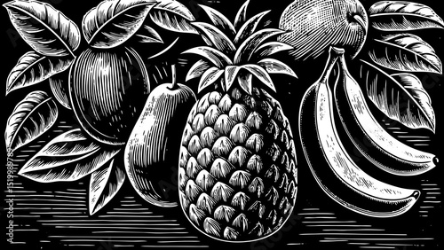 A black and white sketch vector of tropical fruits: pineapple, mango, papaya, banana, drawn with elegant botanical style
