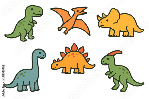 Dinosaur-themed designs, including parties and children's holidays, can be created using flat style dinosaur icons and other dinosaur-related materials