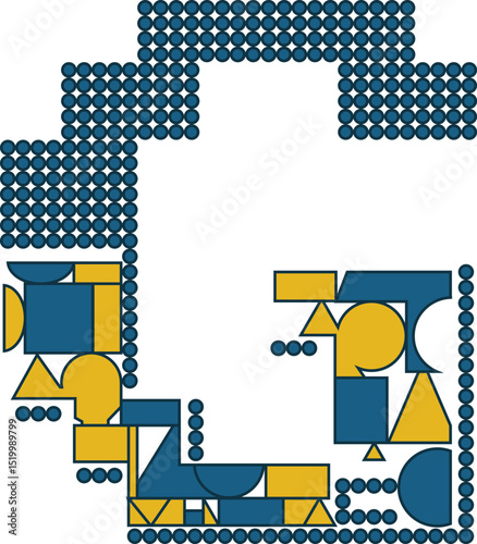 Abstract geometric shapes composition in navy and mustard yellow.