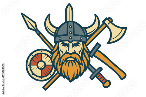 Design elements for a Viking-themed heraldic logo include a warrior's head wearing a Viking helmet, created as a vector illustration in a stamp style