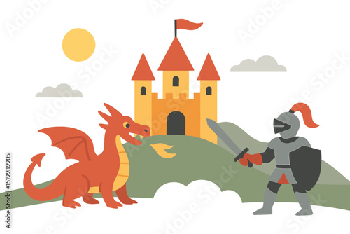 A panoramic vector illustration featuring a castle, a dragon, and a knight