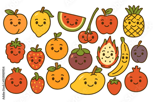 The cartoon depicts an assortment of fruits, such as a smiling peach, lemon, mango, watermelon, cherry, apple, pineapple, raspberry, strawberry, orange, dragon fruit, mangosteen, banana, plum