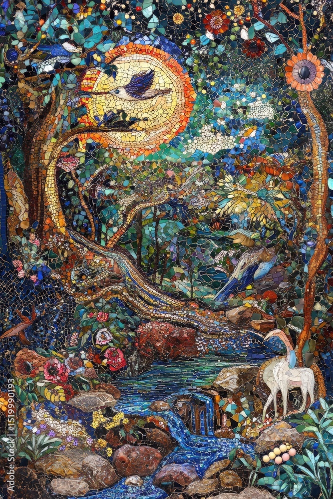 Fototapeta premium mosaic depicting the creation story, with Adam and Eve in the Garden of Eden surrounded by lush vegetation and animals