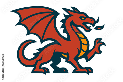 The logo is a medieval red dragon with a silhouette of a dragon that has red wings, created as a vector illustration