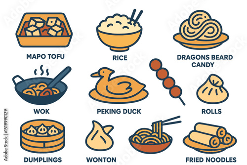 The icon set showcases an assortment of traditional Chinese food items, such as wok, peking duck, dumplings, wonton, fried noodles, and rolls, in a beautifully engraved style