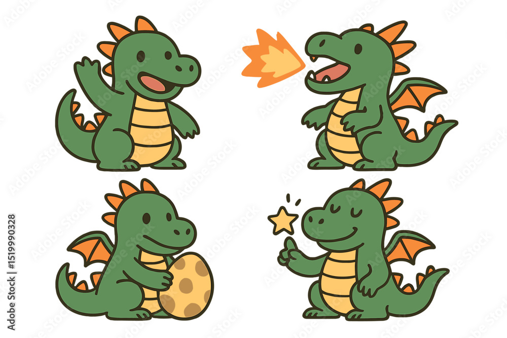 Naklejka premium A cute dragon character is featured in this flat designed vector illustration set