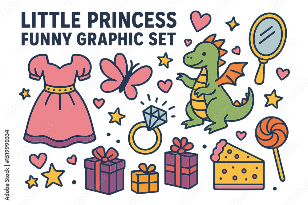 Fototapeta premium The little princess funny graphic set includes various isolated elements like a dress for girls, a butterfly, a mirror, sweets, gifts, a diamond ring, a dragon, hearts, and stars, set against a white