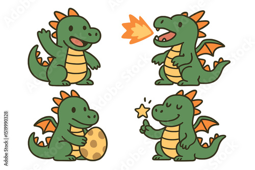 A cute dragon character is featured in this flat designed vector illustration set
