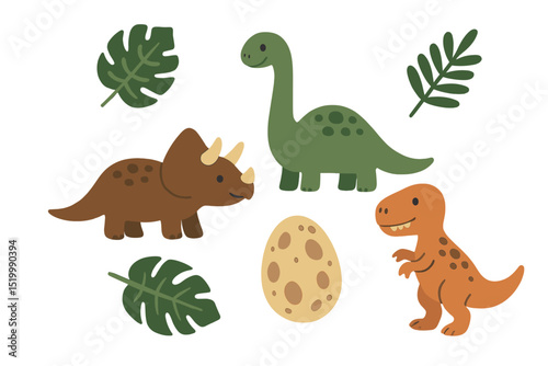 Vector illustration on a white background for children, depicting isolated cute dinosaurs including Triceratops, Brontosaurus, and Tyrannosaurus, along with an egg and some tropical leaves