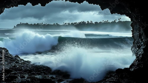 Dramatic ocean waves crashing through a cave opening