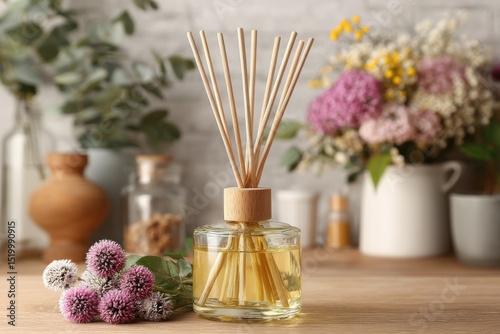 Aromatic reed diffuser with essential oils, flowers, and vases creates a cozy ambiance and fresh fragrance for home and spa environments, promoting relaxation and well-being.