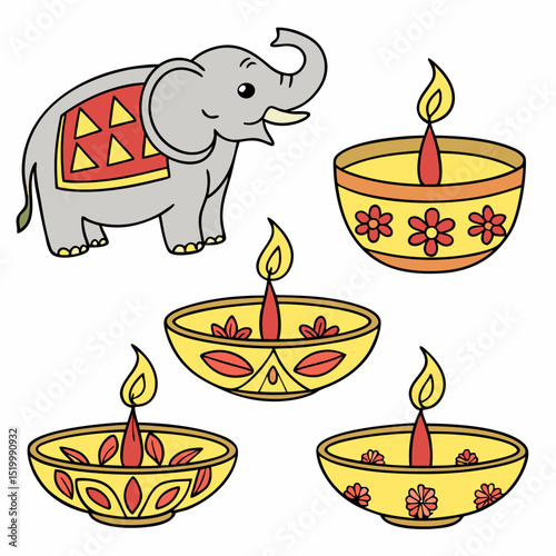 Cartoon Thali Vector Icons for Diwali and Indian Festivals