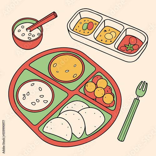 Colorful Thalis Vector Art with Cartoon Food and Utensils