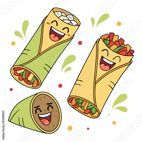 Delicious Kathi Roll Clip Art with Fun Cartoon Expressions