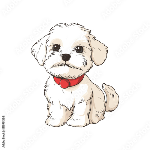 Adorable Maltese Puppy: A charming illustration of a fluffy white Maltese puppy wearing a red collar, sitting and looking directly at the camera with big expressive eyes.