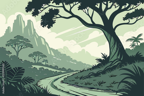 Serene Tropical Landscape Design featuring Winding Road Mountains and Lush Greenery Perfect for Branding or Logo Creation