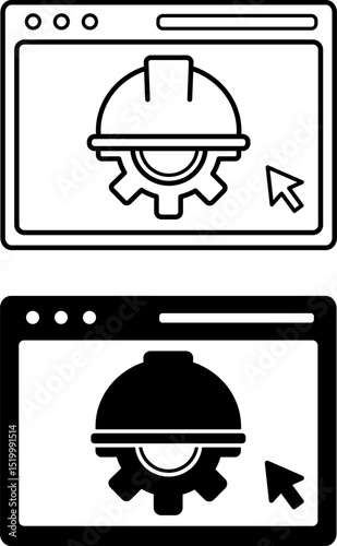 IT Engineering Icons. Black and White Vector Illustrations. Construction Helmet, Gear, and Application. Development, Implementation, and Support of Information Technology in Industry
