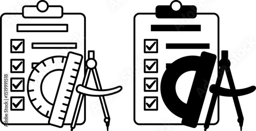 Planning Icons. Black and White Vector Illustration. Document with Completed Items, Ruler, and Compass. Engineering Concept