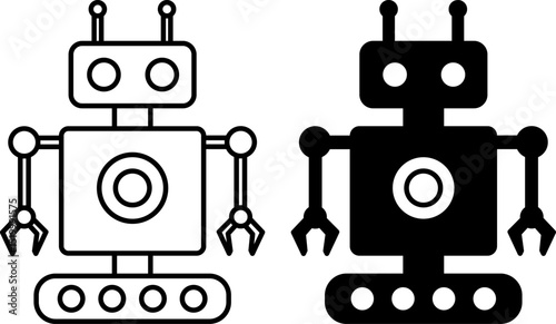 Robotics Icons. Black and White Vector Illustrations. Robot. Development, Design, Creation, and Use of Automated Technical Systems. Concept Engineering
