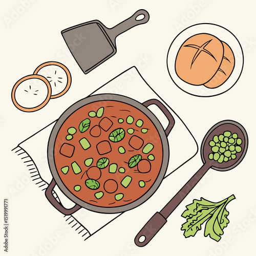 Pav Bhaji Vector Set with Ingredients, Spices, and Cooking Tools
