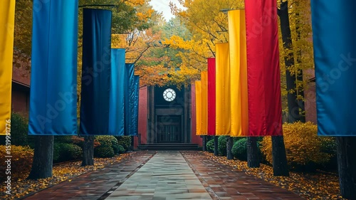 Colorful banners line a pathway through a campus courtyard in autumn