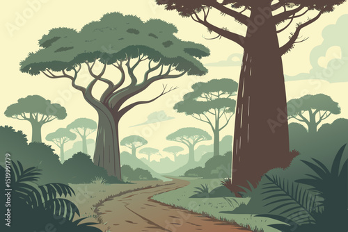 Serene African Savanna Landscape Design featuring Winding Path and Majestic Trees ideal for branding and logo creation