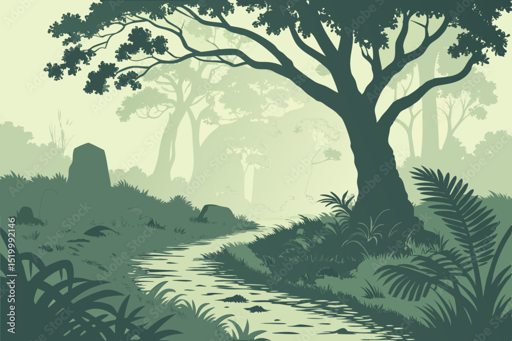 Fototapeta premium Serene Forest Stream Landscape Design featuring lush greenery, tranquil waters and majestic trees ideal for branding or logo creation