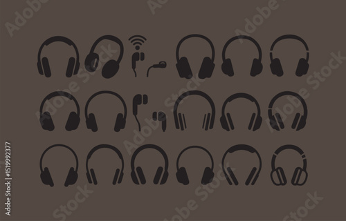 Collection of Black Headphone and Earbud Icons Arranged on a Brown Background Representing Different Styles and Technologies