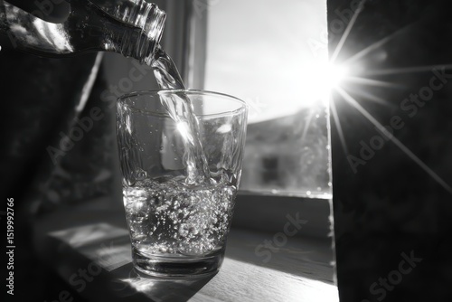 Water pouring into glass beside bright sunlight from window