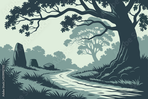 Serene Woodland Path Graphic Design featuring Trees Stones and a Winding Road ideal for Logo Branding and Nature Themes