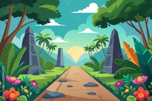 Serene Tropical Path Leading to Ancient Monuments: A Vibrant Landscape Design