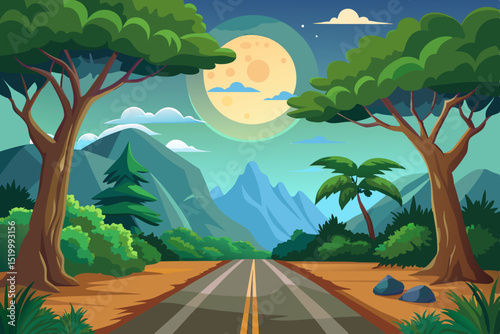 Serene Night Road Graphic featuring a moonlit landscape with lush trees mountains and a winding road perfect for travel posters or branding projects