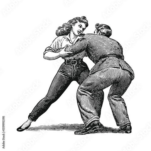 Vintage woman fighting with a guy illustration, drawn in an engraved, woodcut style with fine details sketch engraving vector illustration. Scratch board imitation. Black and white image. flat vector 