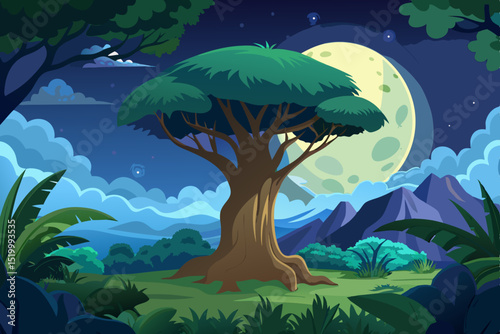 Majestic Night Scene with a Large Tree Under a Full Moon: A Serene Nature Landscape Graphic for Design Projects
